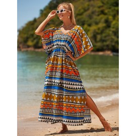 Women's Long Beach Blouse, Robe, Bikini Line Print, Cotton Seaside Resort Style