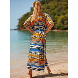 Women's Long Beach Blouse, Robe, Bikini Line Print, Cotton Seaside Resort Style