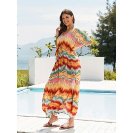 Women's Long Beach Blouse, Robe, Bikini Line Print, Cotton Seaside Resort Style