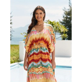 Women's Long Beach Blouse, Robe, Bikini Line Print, Cotton Seaside Resort Style