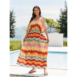 Women's Long Beach Blouse, Robe, Bikini Line Print, Cotton Seaside Resort Style