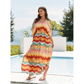 Women's Long Beach Blouse, Robe, Bikini Line Print, Cotton Seaside Resort Style