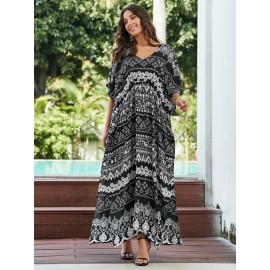 Women's Long Beach Blouse, Robe, Bikini Line Print, Cotton Seaside Resort Style