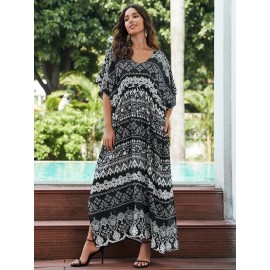 Women's Long Beach Blouse, Robe, Bikini Line Print, Cotton Seaside Resort Style