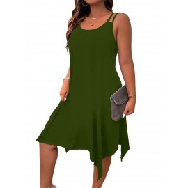 Plus Size Solid Irregular Hem Cami Dress, Casual Sleeveless Dress For Spring & Summer, Women's Plus Size Clothing