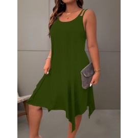 Plus Size Solid Irregular Hem Cami Dress, Casual Sleeveless Dress For Spring & Summer, Women's Plus Size Clothing