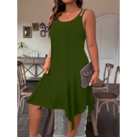 Plus Size Solid Irregular Hem Cami Dress, Casual Sleeveless Dress For Spring & Summer, Women's Plus Size Clothing