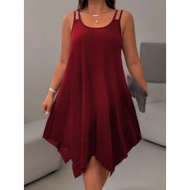 Plus Size Solid Irregular Hem Cami Dress, Casual Sleeveless Dress For Spring & Summer, Women's Plus Size Clothing