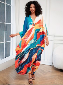 Plus Size Allover Print Loose Kaftan Dress, Casual V Neck Batwing Sleeve Coverup Maxi Dress, Women's Plus Size Clothing