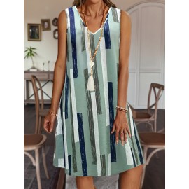 Plus Size Stripe Print Tank Dress, Casual V Neck Sleeveless Dress, Women's Plus Size Clothing