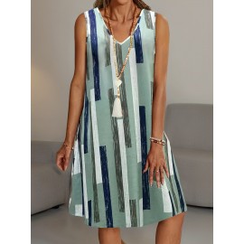 Plus Size Stripe Print Tank Dress, Casual V Neck Sleeveless Dress, Women's Plus Size Clothing