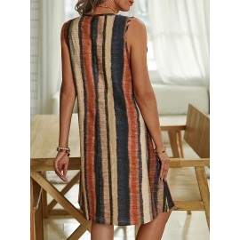 Plus Size Stripe Print Tank Dress, Casual V Neck Sleeveless Dress, Women's Plus Size Clothing