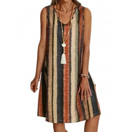 Plus Size Stripe Print Tank Dress, Casual V Neck Sleeveless Dress, Women's Plus Size Clothing
