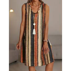 Plus Size Stripe Print Tank Dress, Casual V Neck Sleeveless Dress, Women's Plus Size Clothing