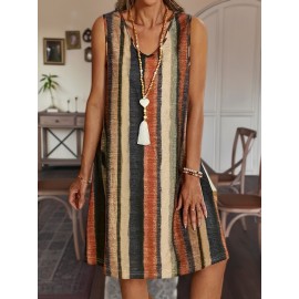 Plus Size Stripe Print Tank Dress, Casual V Neck Sleeveless Dress, Women's Plus Size Clothing