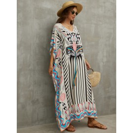 Women's Human Cotton Beach Cover-up Bohemian Positioning Printed Holiday Robe Dress V-Neck Loose Large Size Swimwear Cover-up Ethnic Style Casual Home Holiday Dresses