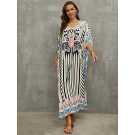 Women's Human Cotton Beach Cover-up Bohemian Positioning Printed Holiday Robe Dress V-Neck Loose Large Size Swimwear Cover-up Ethnic Style Casual Home Holiday Dresses