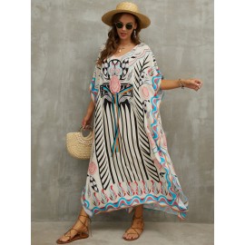Women's Human Cotton Beach Cover-up Bohemian Positioning Printed Holiday Robe Dress V-Neck Loose Large Size Swimwear Cover-up Ethnic Style Casual Home Holiday Dresses