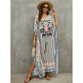 Women's Human Cotton Beach Cover-up Bohemian Positioning Printed Holiday Robe Dress V-Neck Loose Large Size Swimwear Cover-up Ethnic Style Casual Home Holiday Dresses