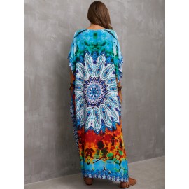 Women's Human Cotton Beach Cover-up Bohemian Positioning Printed Holiday Robe Dress V-Neck Loose Large Size Swimwear Cover-up Ethnic Style Casual Home Holiday Dresses