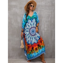 Women's Human Cotton Beach Cover-up Bohemian Positioning Printed Holiday Robe Dress V-Neck Loose Large Size Swimwear Cover-up Ethnic Style Casual Home Holiday Dresses
