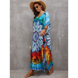 Women's Human Cotton Beach Cover-up Bohemian Positioning Printed Holiday Robe Dress V-Neck Loose Large Size Swimwear Cover-up Ethnic Style Casual Home Holiday Dresses