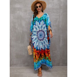 Women's Human Cotton Beach Cover-up Bohemian Positioning Printed Holiday Robe Dress V-Neck Loose Large Size Swimwear Cover-up Ethnic Style Casual Home Holiday Dresses