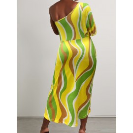 Plus Size Chic Colorblock Stripe Dress - Flattering One-Shoulder, Flowy Long Sleeves, Irregular Print & Side Slit - Perfect Casual Wear for Spring & Summer - Womens Plus Size