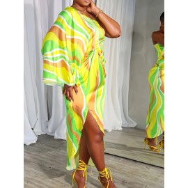 Plus Size Chic Colorblock Stripe Dress - Flattering One-Shoulder, Flowy Long Sleeves, Irregular Print & Side Slit - Perfect Casual Wear for Spring & Summer - Womens Plus Size