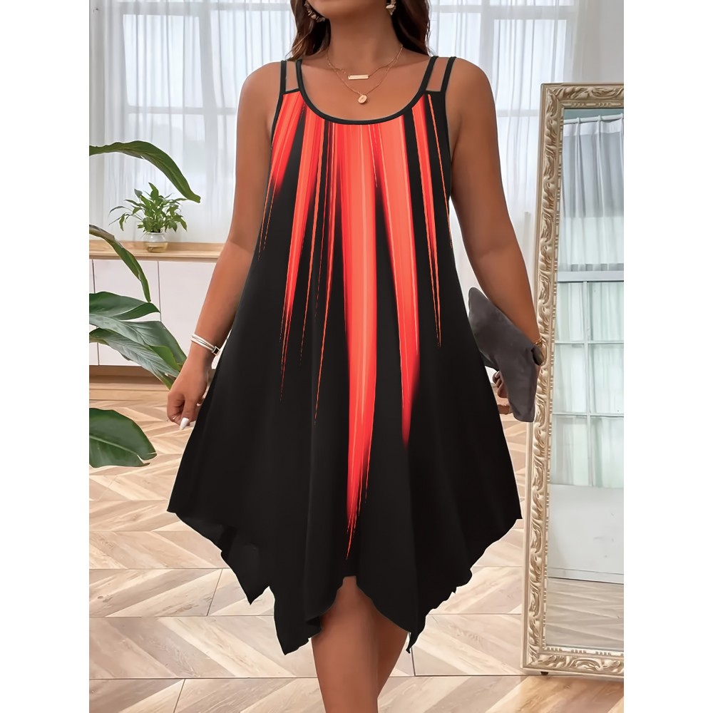 Plus Size Ombre Print Cami Slip Dress - Spaghetti Strap, Sleeveless, Crew Neck, Dual Strap, Asymmetrical Hem, Medium Stretch, Polyester, Random Printing, Vacation Style for Spring, Summer, and Fall Seasons