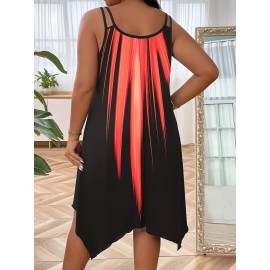Plus Size Ombre Print Cami Slip Dress - Spaghetti Strap, Sleeveless, Crew Neck, Dual Strap, Asymmetrical Hem, Medium Stretch, Polyester, Random Printing, Vacation Style for Spring, Summer, and Fall Seasons