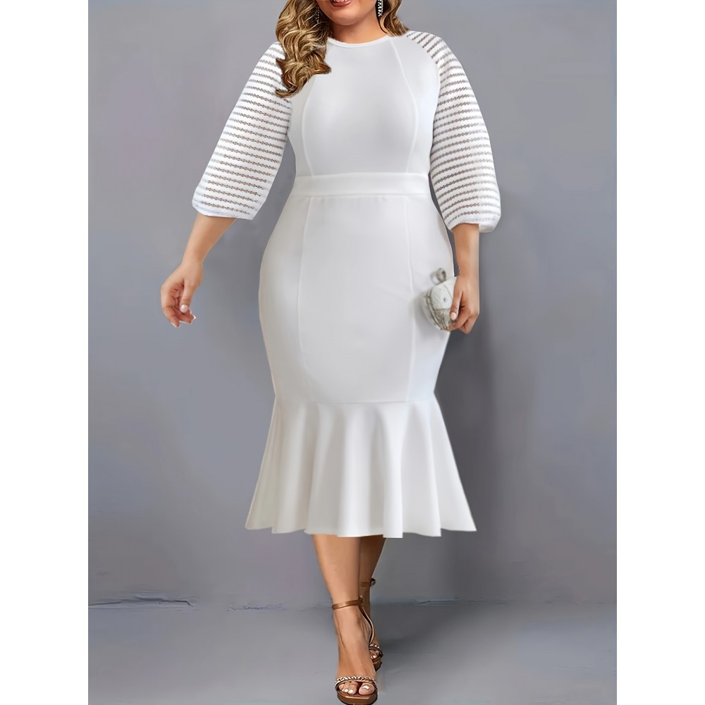 Plus Size Elegant Mermaid Dress with Lace Accent - Half Sleeve, Round Neck Design, Comfort Fit for Casual & Special Occasions