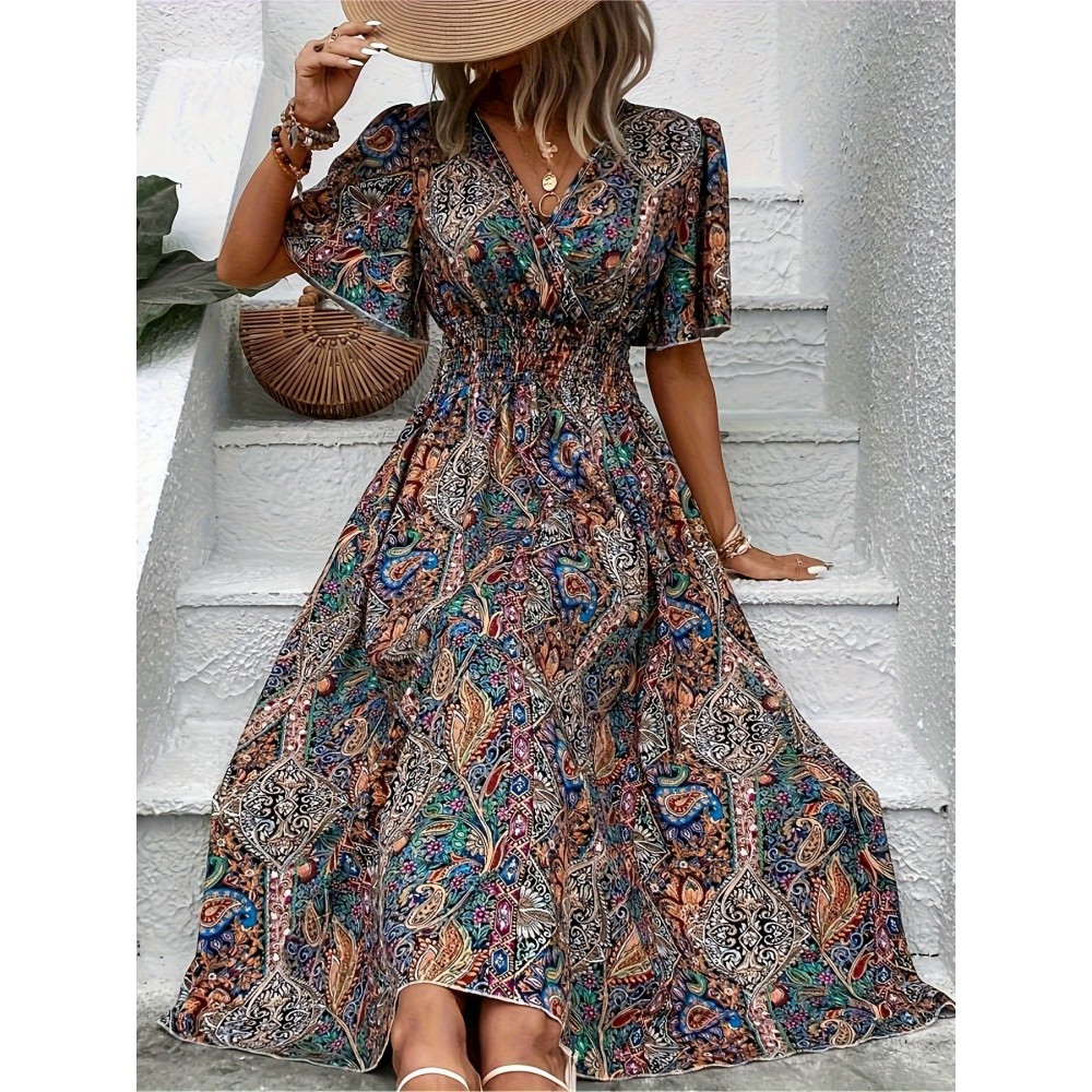 Plus Size Peplum Floral Print Dress - Shirred Waist, V-Neck, Short Sleeve, Flared Hem, Slight Stretch, Polyester Material - Perfect for Weekend Casual, Vacation, Spring & Summer