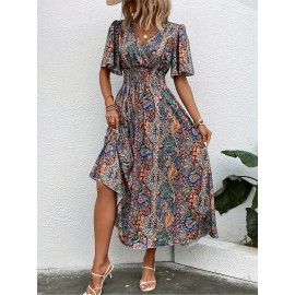 Plus Size Peplum Floral Print Dress - Shirred Waist, V-Neck, Short Sleeve, Flared Hem, Slight Stretch, Polyester Material - Perfect for Weekend Casual, Vacation, Spring & Summer