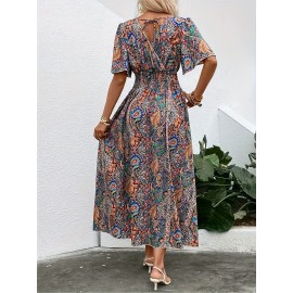 Plus Size Peplum Floral Print Dress - Shirred Waist, V-Neck, Short Sleeve, Flared Hem, Slight Stretch, Polyester Material - Perfect for Weekend Casual, Vacation, Spring & Summer