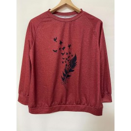 Plus Size Casual Sweatshirt, Women's Plus Floral & Letter Print Long Sleeve Round Neck Sweatshirt