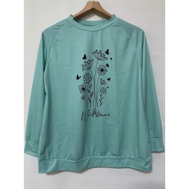Plus Size Casual Sweatshirt, Women's Plus Floral & Letter Print Long Sleeve Round Neck Sweatshirt
