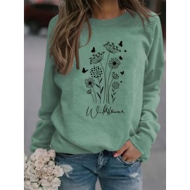 Plus Size Casual Sweatshirt, Women's Plus Floral & Letter Print Long Sleeve Round Neck Sweatshirt