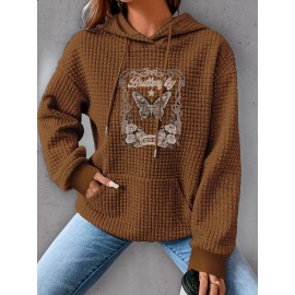 Plus Size Butterfly Print Hoodie, Casual Kangaroo Pocket Drawstring Long Sleeve Hooded Sweatshirt, Women's Plus Size Clothing