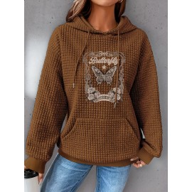 Plus Size Butterfly Print Hoodie, Casual Kangaroo Pocket Drawstring Long Sleeve Hooded Sweatshirt, Women's Plus Size Clothing