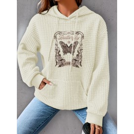 Plus Size Butterfly Print Hoodie, Casual Kangaroo Pocket Drawstring Long Sleeve Hooded Sweatshirt, Women's Plus Size Clothing