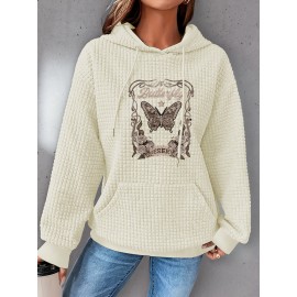 Plus Size Butterfly Print Hoodie, Casual Kangaroo Pocket Drawstring Long Sleeve Hooded Sweatshirt, Women's Plus Size Clothing