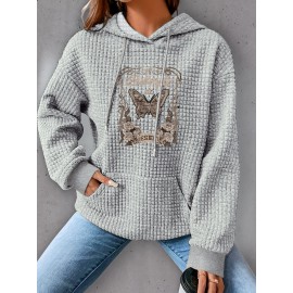 Plus Size Butterfly Print Hoodie, Casual Kangaroo Pocket Drawstring Long Sleeve Hooded Sweatshirt, Women's Plus Size Clothing