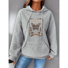 Plus Size Butterfly Print Hoodie, Casual Kangaroo Pocket Drawstring Long Sleeve Hooded Sweatshirt, Women's Plus Size Clothing