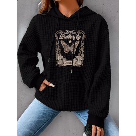 Plus Size Butterfly Print Hoodie, Casual Kangaroo Pocket Drawstring Long Sleeve Hooded Sweatshirt, Women's Plus Size Clothing