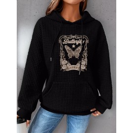 Plus Size Butterfly Print Hoodie, Casual Kangaroo Pocket Drawstring Long Sleeve Hooded Sweatshirt, Women's Plus Size Clothing