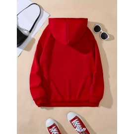 Plus Size Casual Sweatshirt, Women's Plus Slogan Print Long Sleeve Drawstring Hooded Pullover Sweatshirt With Kangaroo Pockets, Casual Tops For Fall & Winter, Plus Size Women's Clothing