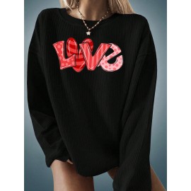 Plus Size Love Print Crew Neck Pullover Sweatshirt, Casual Long Sleeve Sweatshirt For Fall & Winter, Women's Plus Size Clothing