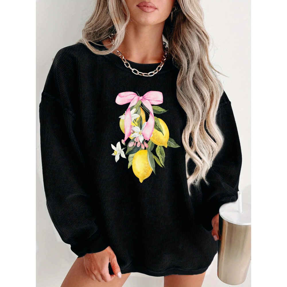 Plus Size Lemon Print Sweatshirt, Casual Crew Neck Long Sleeve Pullover Sweatshirt For Fall & Spring, Women's Plus Size Clothing