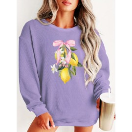 Plus Size Lemon Print Sweatshirt, Casual Crew Neck Long Sleeve Pullover Sweatshirt For Fall & Spring, Women's Plus Size Clothing